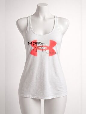 Under Armour White Racerback Tank with Neon Coral Logo Size Womens L
